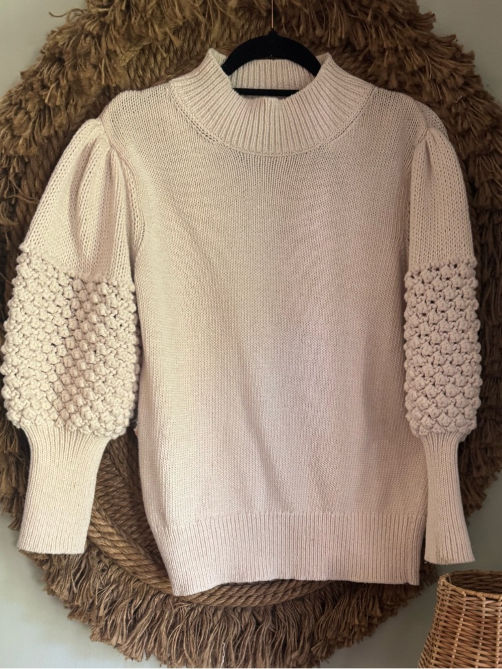 TRINA TURK Bellanca Women’s Crochet Sweater size L Cream Mock Neck Cotton Blend